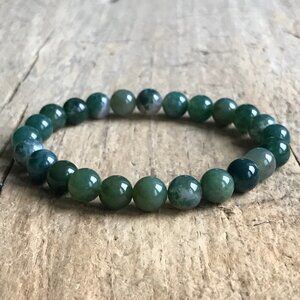 Men's Moss Agate Forest Green Beaded Gemstone Stretch Bracelet - 8mm Beads